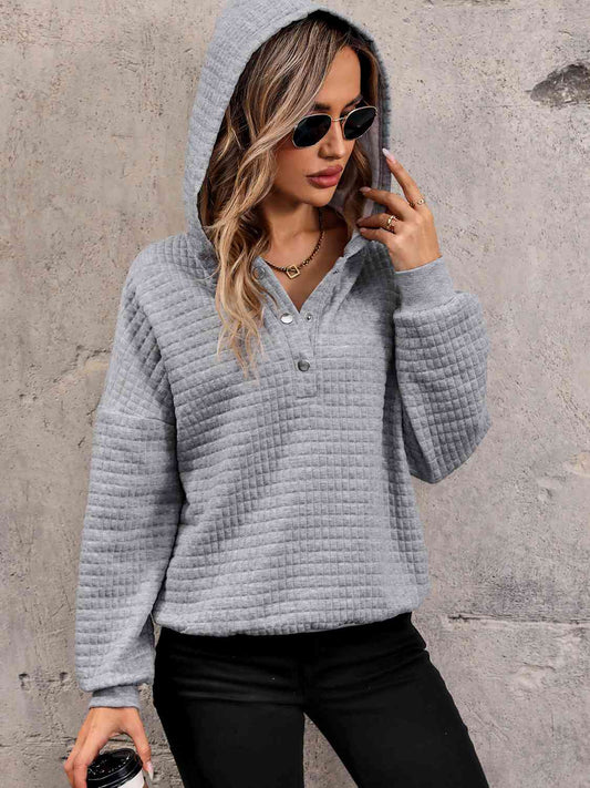 Waffle-Knit Half Button Hoodie